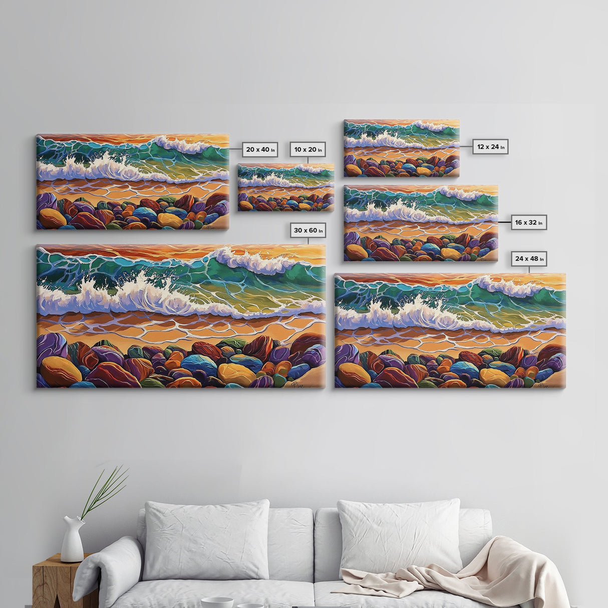 Colorful Ocean, Stones, Framed Canvas Print, Sunset wave beach scene, Living Room Wall Art, coastal decor, boho landscape painting