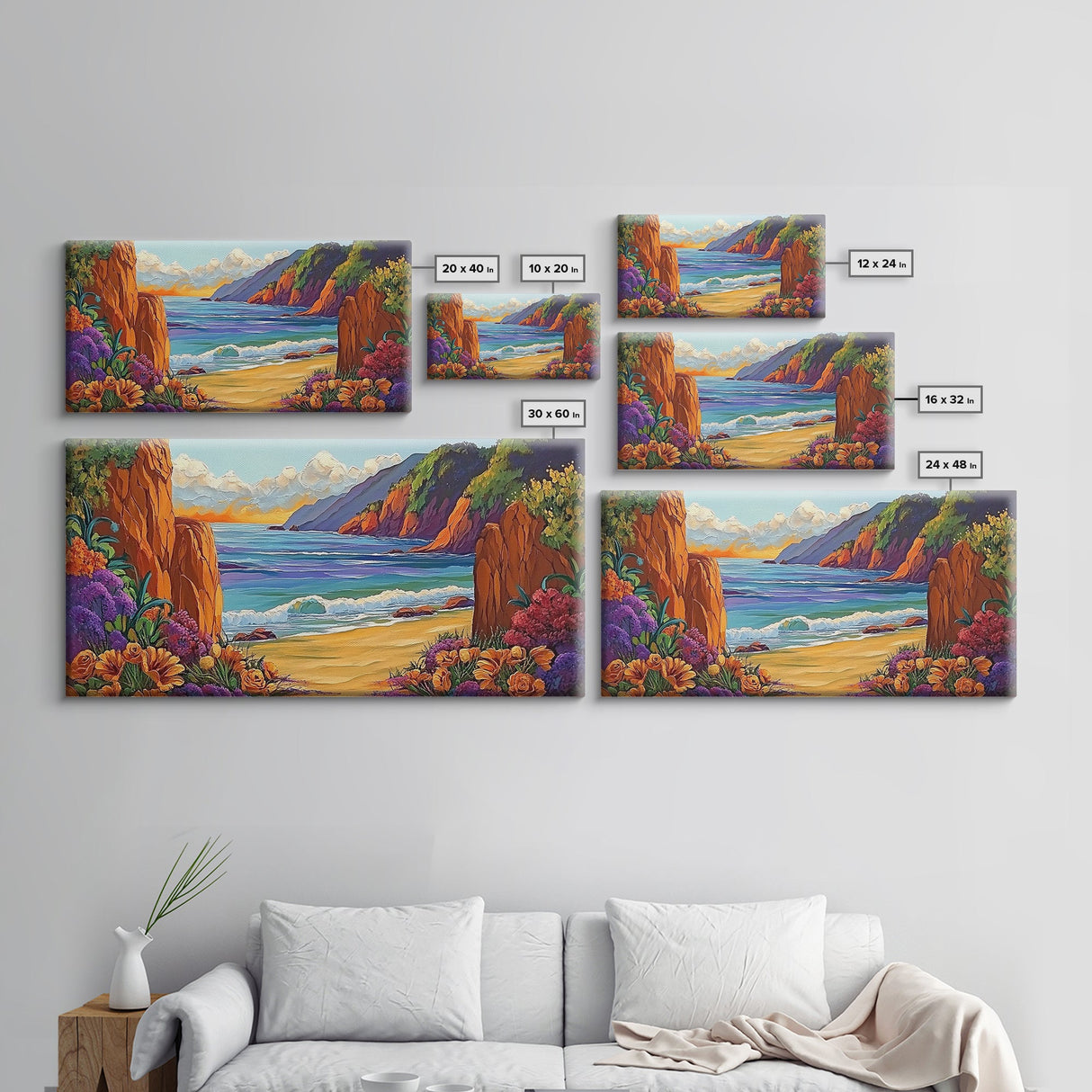 Ocean Cliffside, Flowers, Canvas Print, Colorful beachscape painting, Bathroom Wall Art, vibrant coastal decor,beach flower wall art