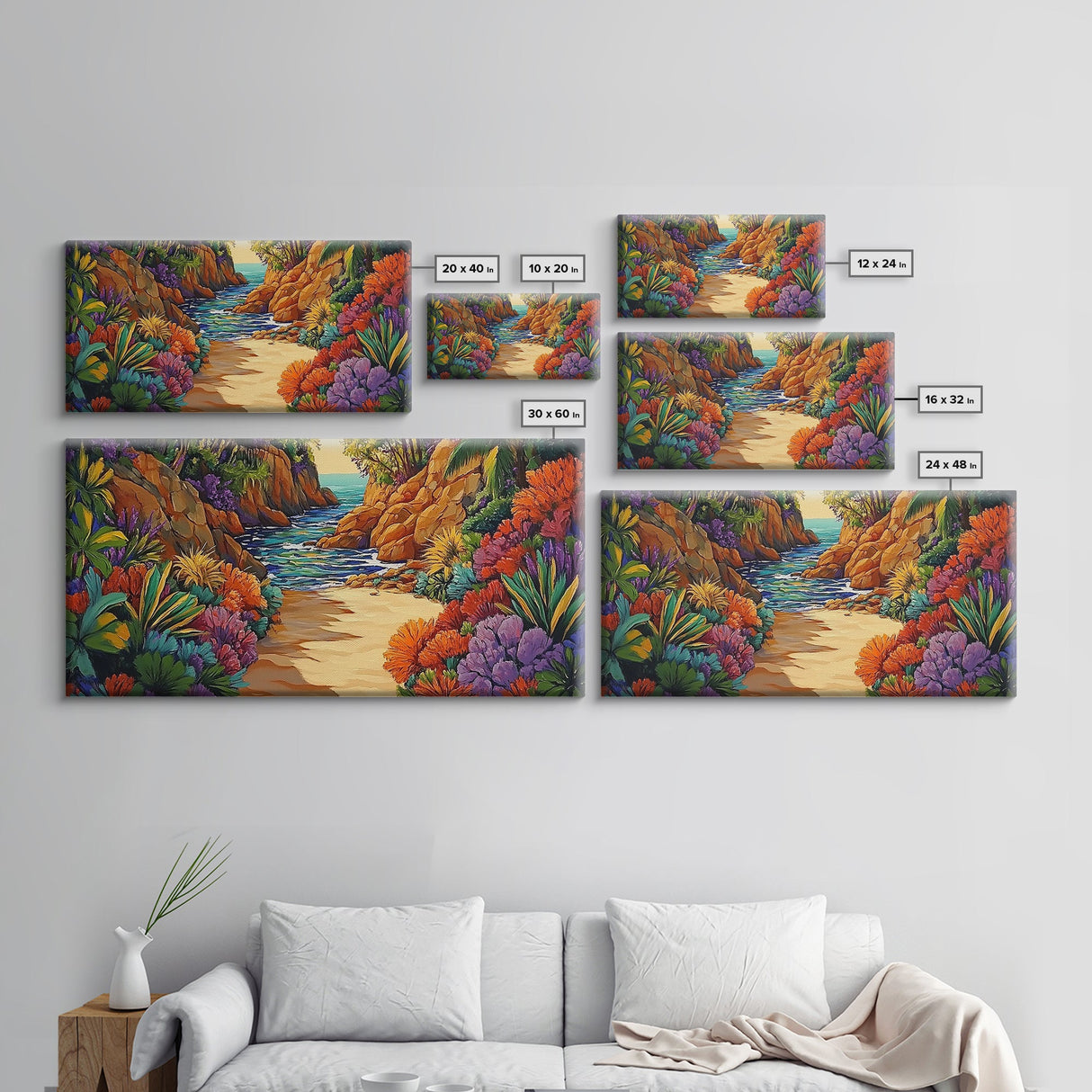 Jungle Cove, Bright, Canvas Print, Lush tropical jungle path to sea, Dining Room Wall Art, nature artwork, bohemian coastal print