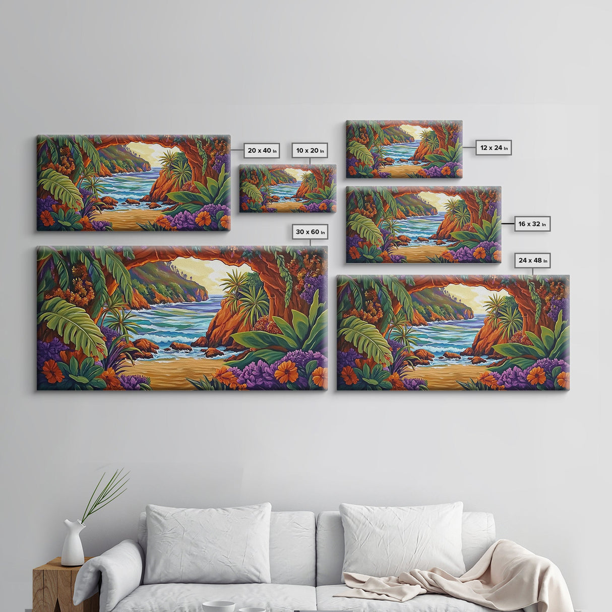 Tropical Archway, Ocean, Sunset, Framed Canvas Print, Coastal Decor, Tropical Wall Art, Landscape Painting, Living Room Artwork