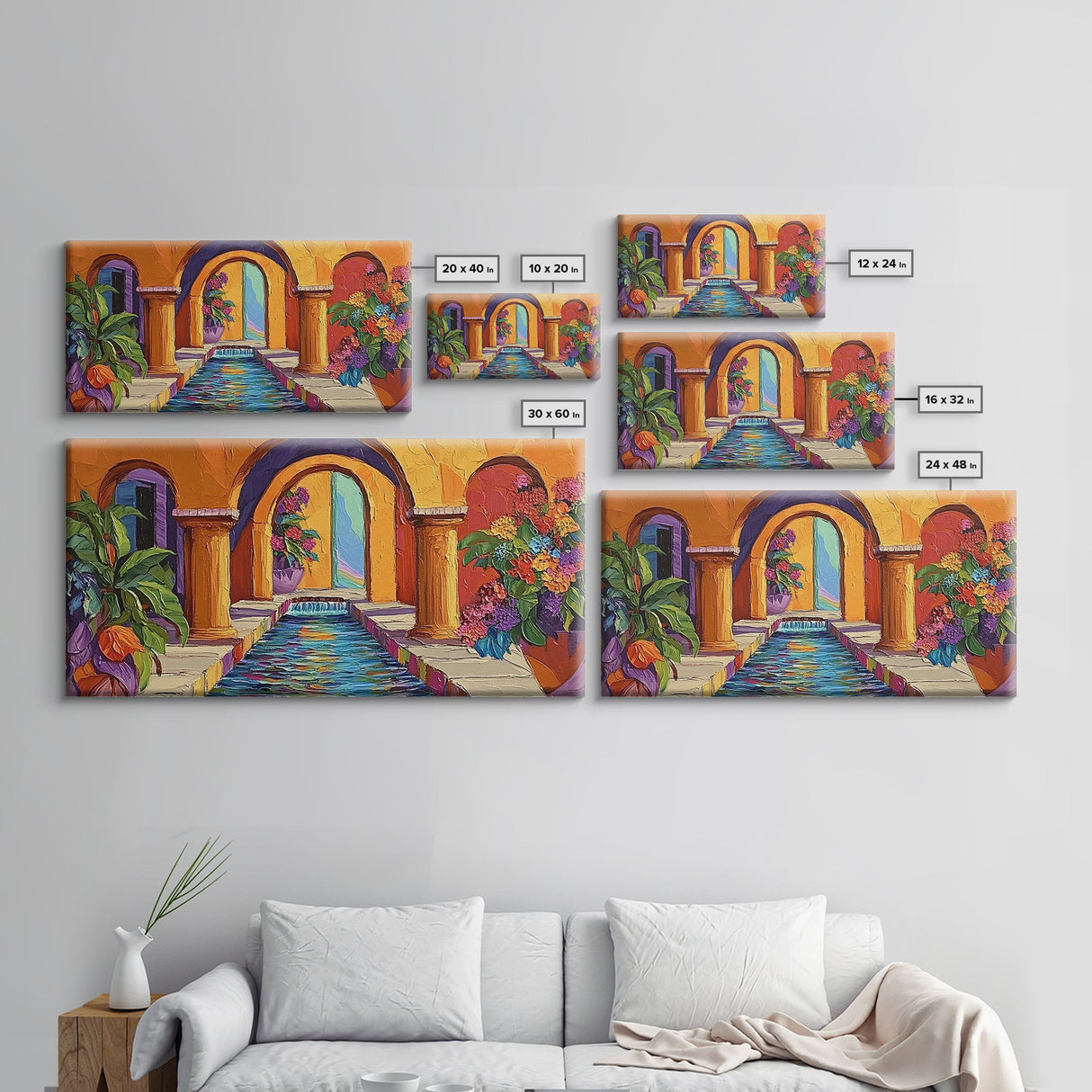 Courtyard Fountain, Colorful, Mediterranean, Framed Canvas Print, Spanish Style Art, Hallway Wall Decor, Bold Architecture Painting