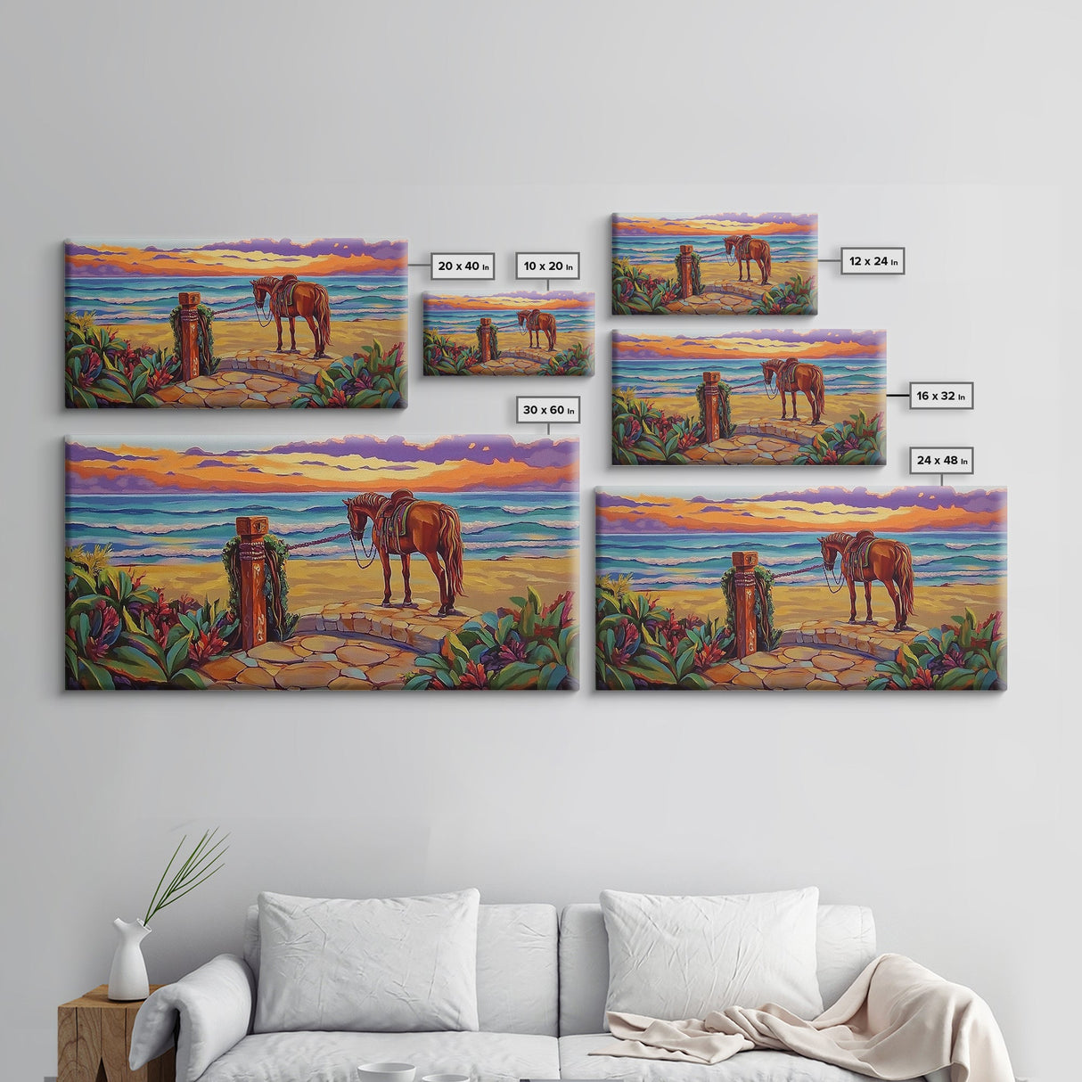 Horse Beach, Sunset, Western, Framed Canvas Print, Cowboy Art, Coastal Wall Decor, Rustic Boho Style, Entryway Statement Piece