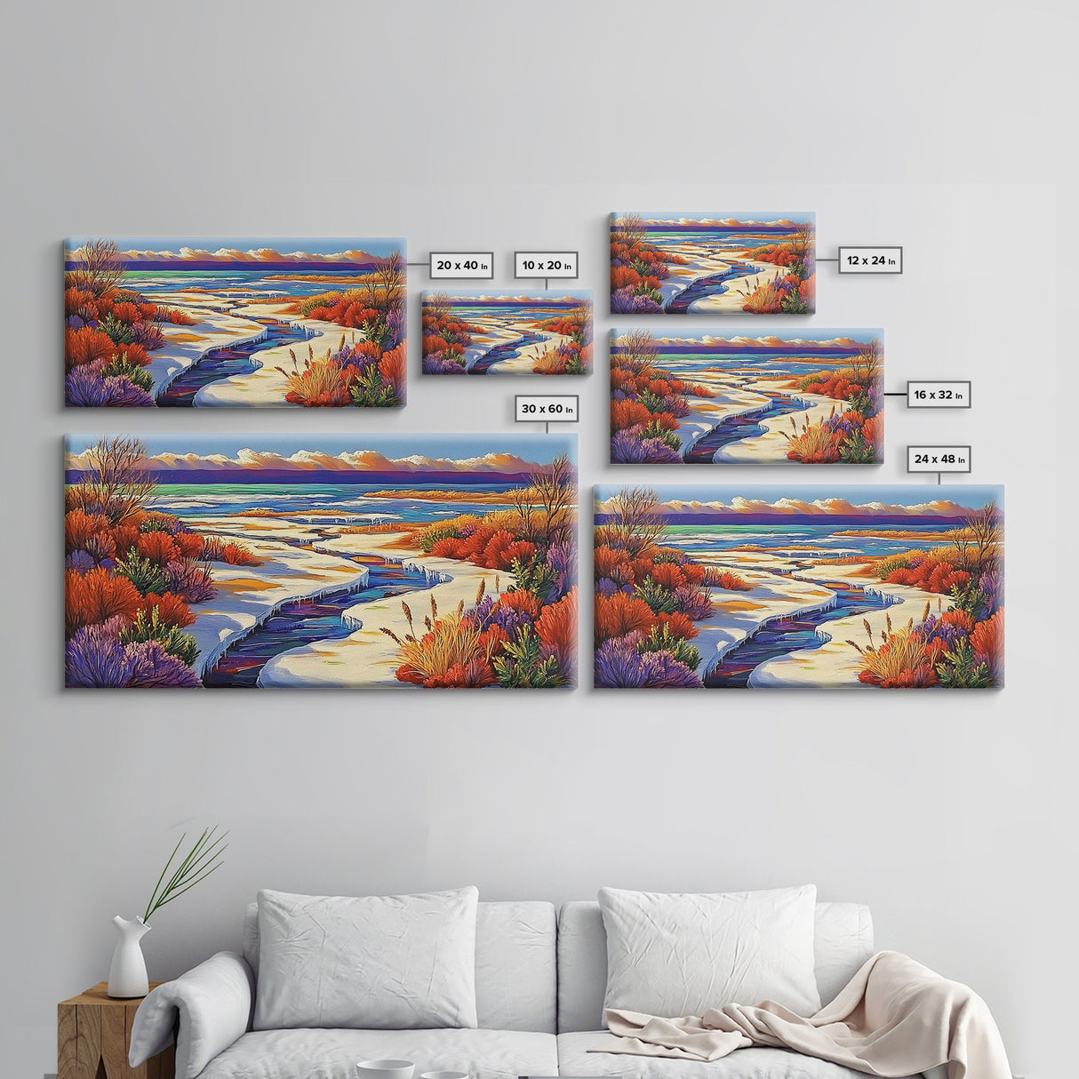 Winter River, Snow, Colorful, Framed Canvas Print, Winter Wonderland Art, Vibrant Seasonal Landscape, Cozy Cabin Wall Decor