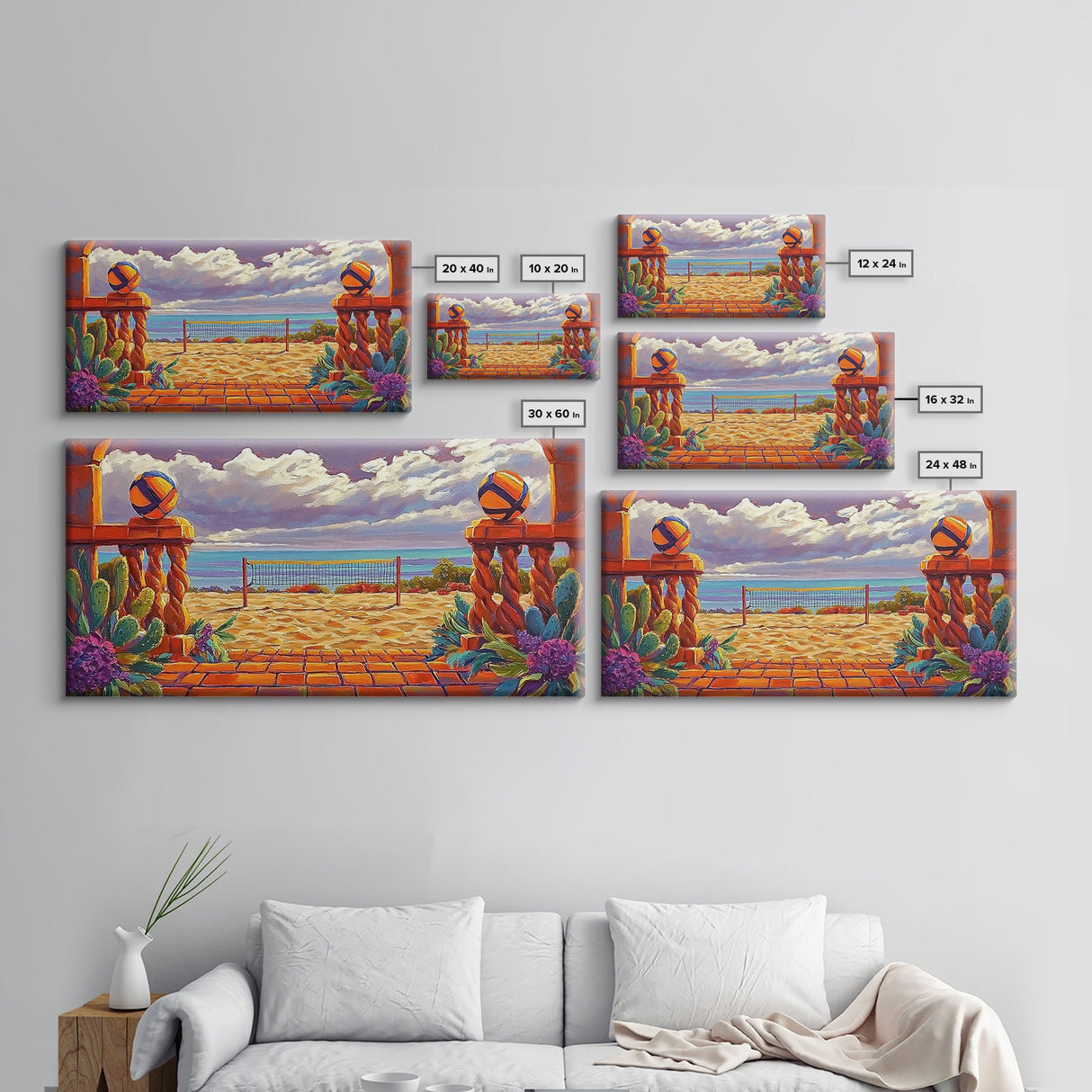 Volleyball Ocean, Sunset, Framed Canvas Print, Vibrant Beach Volleyball Scene, Sporty Coastal Wall Art, Game Room Decor