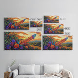 Feather Sunset, Flowers, Nature, Framed Canvas Print, Boho Feather Wall Art, Fall Home Decor, Living Room Autumn Art, Nature Painting