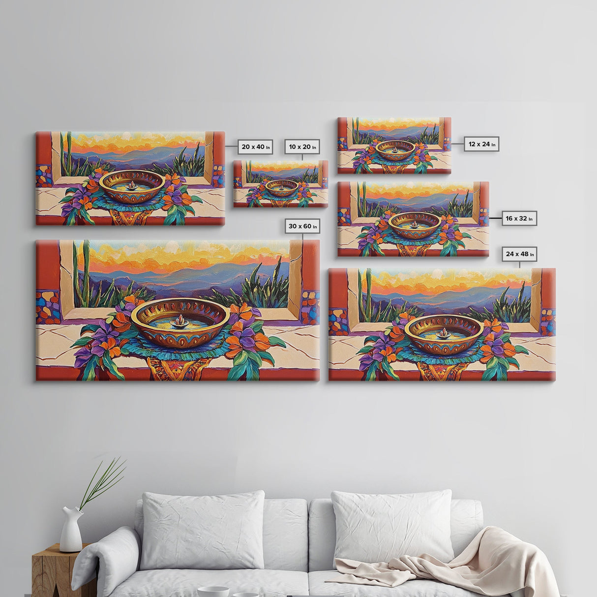 Fountain Sunset Flowers, Serenity, Framed Canvas Print, Southwestern Wall Art, Boho Vibe, Tranquil Home Decor, Kitchen or Entryway Art