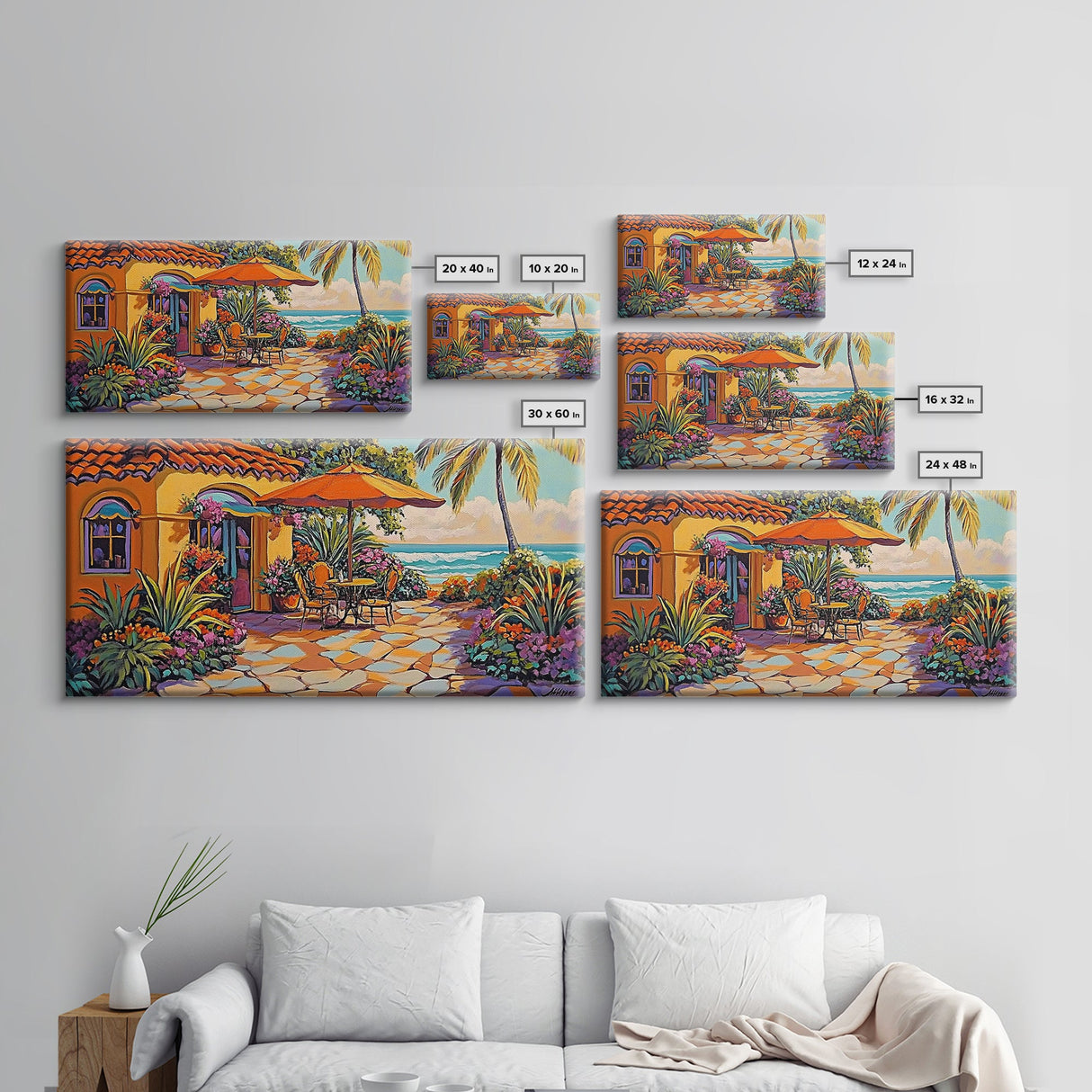 Patio Palm, Ocean, Framed Canvas Print, Tropical Patio Garden Scene, Warm Mediterranean Style Wall Decor,  Dining Room Art