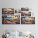 Hammock Lake, Relax, Peace, Framed Canvas Print tropical lakeside retreat artwork, relaxing boho bedroom art, beachy summer decor