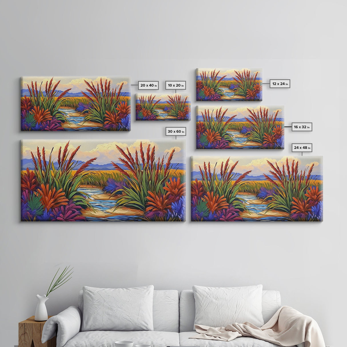 Marsh Grassland, Sunset, Scene, Framed Canvas Print rustic farmhouse art, colorful Fall wall decor, bedroom landscape canvas