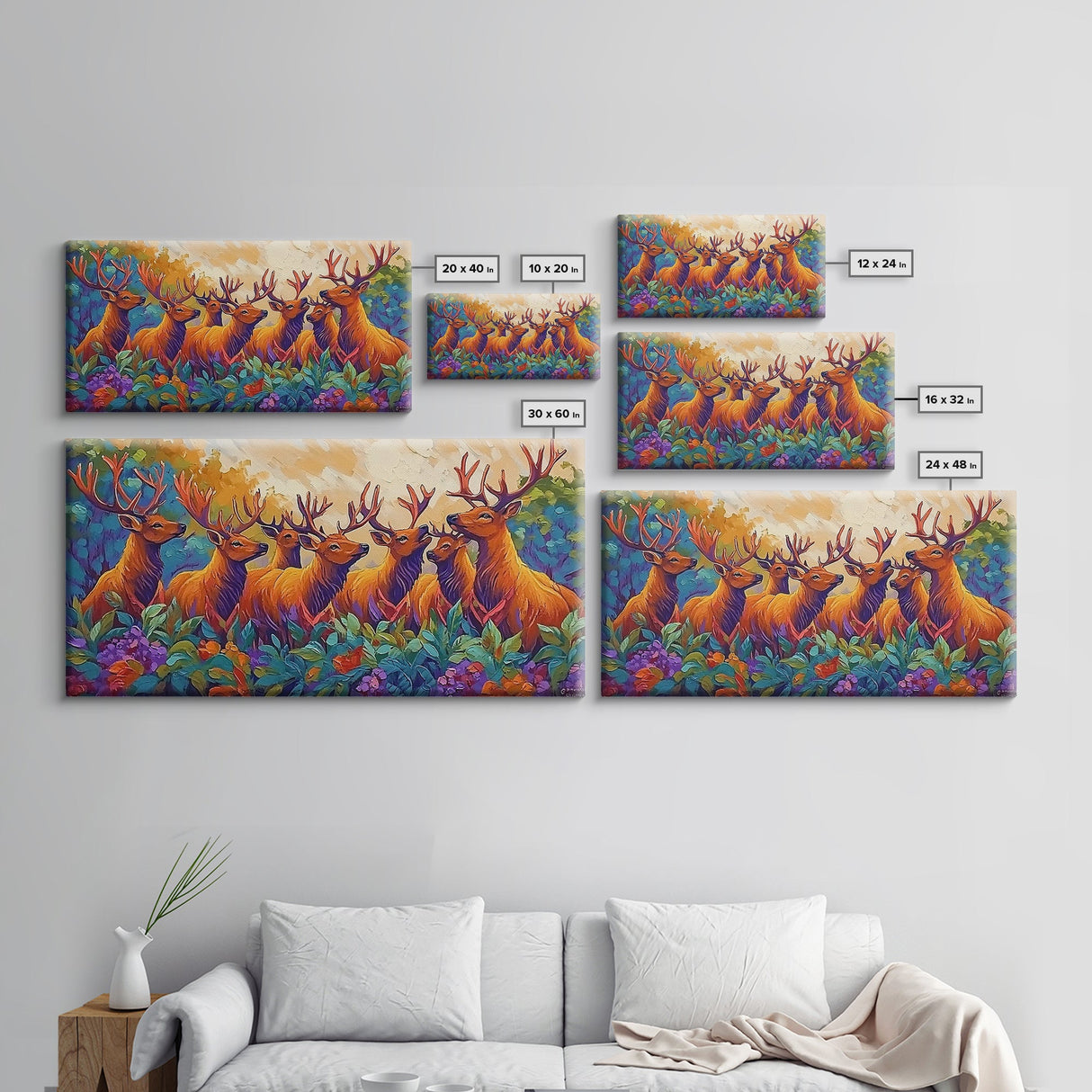 Deer Autumn, Forest, Scene, Framed Canvas Print wildlife cabin wall decor, vibrant Fall nature art, lodge living room print