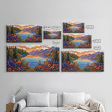 Mountain Lake, Sunset Reflection, Wildflower Meadow, Canvas Print, Vibrant Nature Art, Living Room or Cabin Wall Decor
