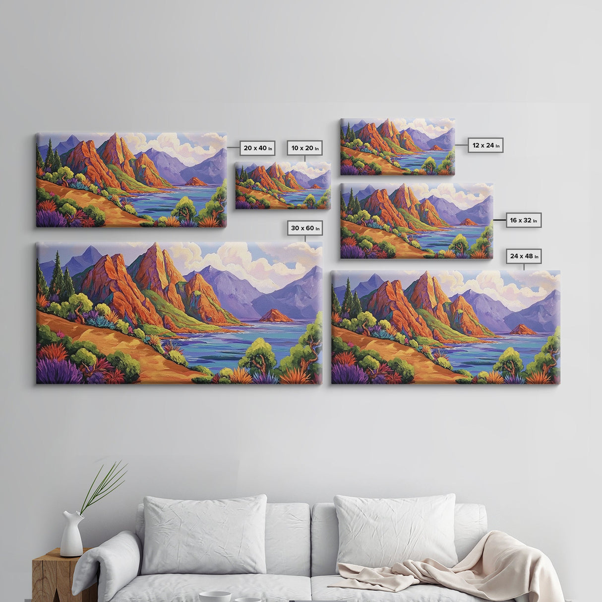 Coastal Cliffs, Tropical Shoreline, Sunset Mountains, Canvas Print, Boho Nature Wall Art, Office Decor, Landscape Painting