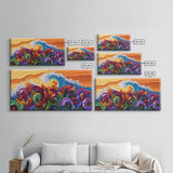 Abstract Wave, Tropical Swirl, Sunset Motion, Framed Canvas Print, Colorful Modern Wall Art, Living Room Decor, Bold Ocean Art