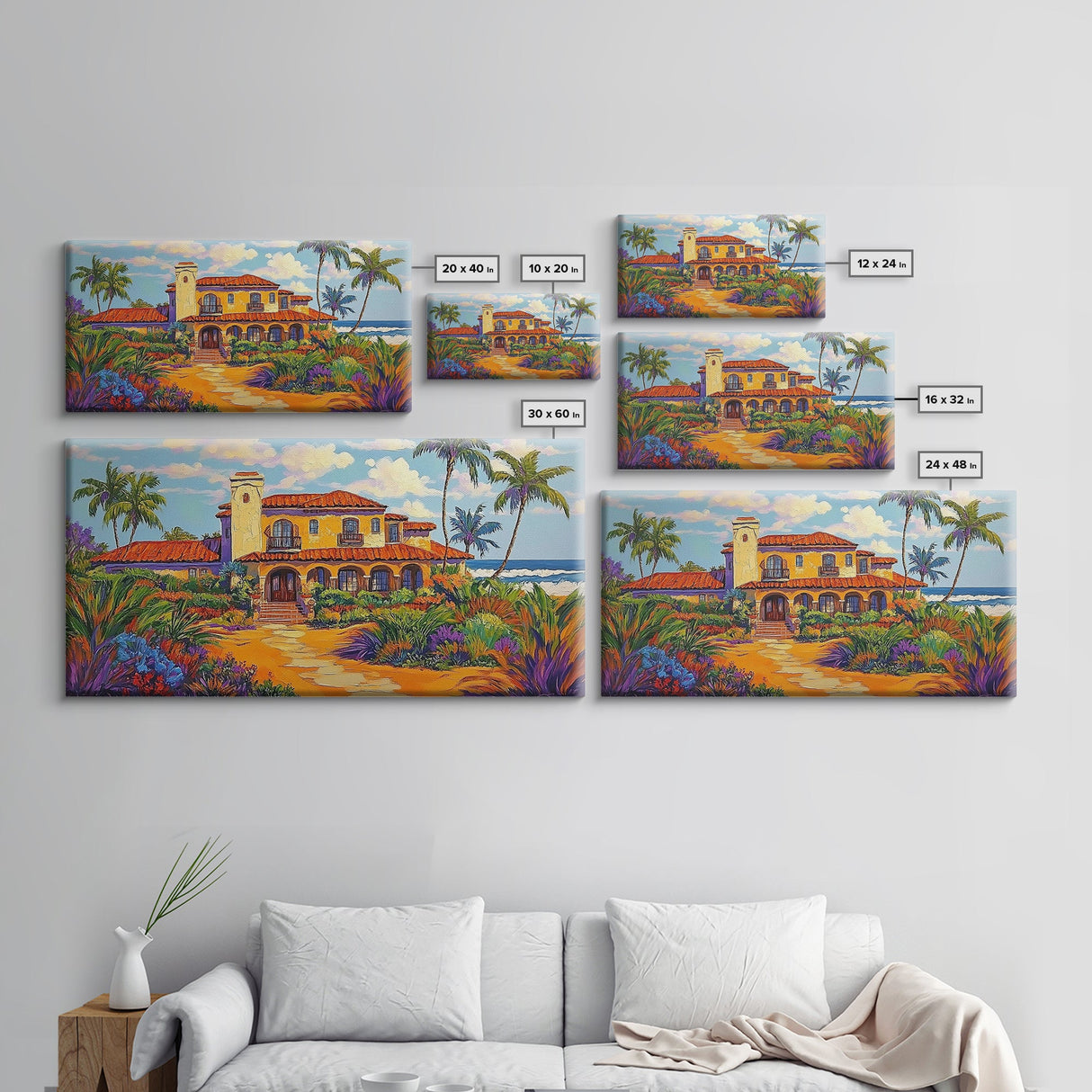 Tropical Villa, Palm Trees, Coastal, Framed Canvas Print, Spanish beach house art perfect Dining Room Wall Art or Vacation Home Decor