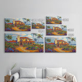 Tropical Villa, Palm Trees, Coastal, Framed Canvas Print, Spanish beach house art perfect Dining Room Wall Art or Vacation Home Decor