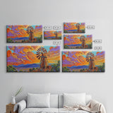 Rustic Windmill, Sunset, Country Sky, Canvas Print, Vibrant farmhouse scene perfect Fall Living Room Wall Art or Rustic Home Decor