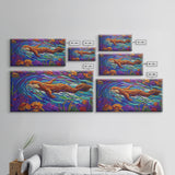 Otter River, Flowers, Playful, Framed Canvas Print, whimsical animal wall art, nursery decor, boho kids room artwork, cheerful vibe
