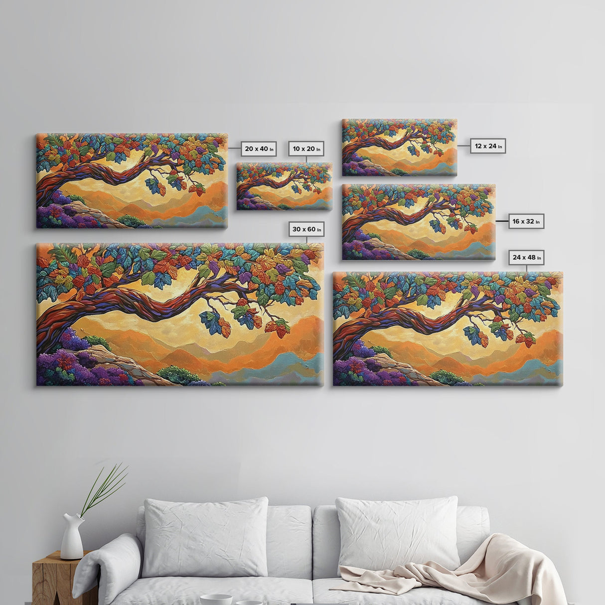 Tree Autumn, Leaves, Branches, Framed Canvas Print, foliage fall decor, mountain wall art, boho style living room, nature painting