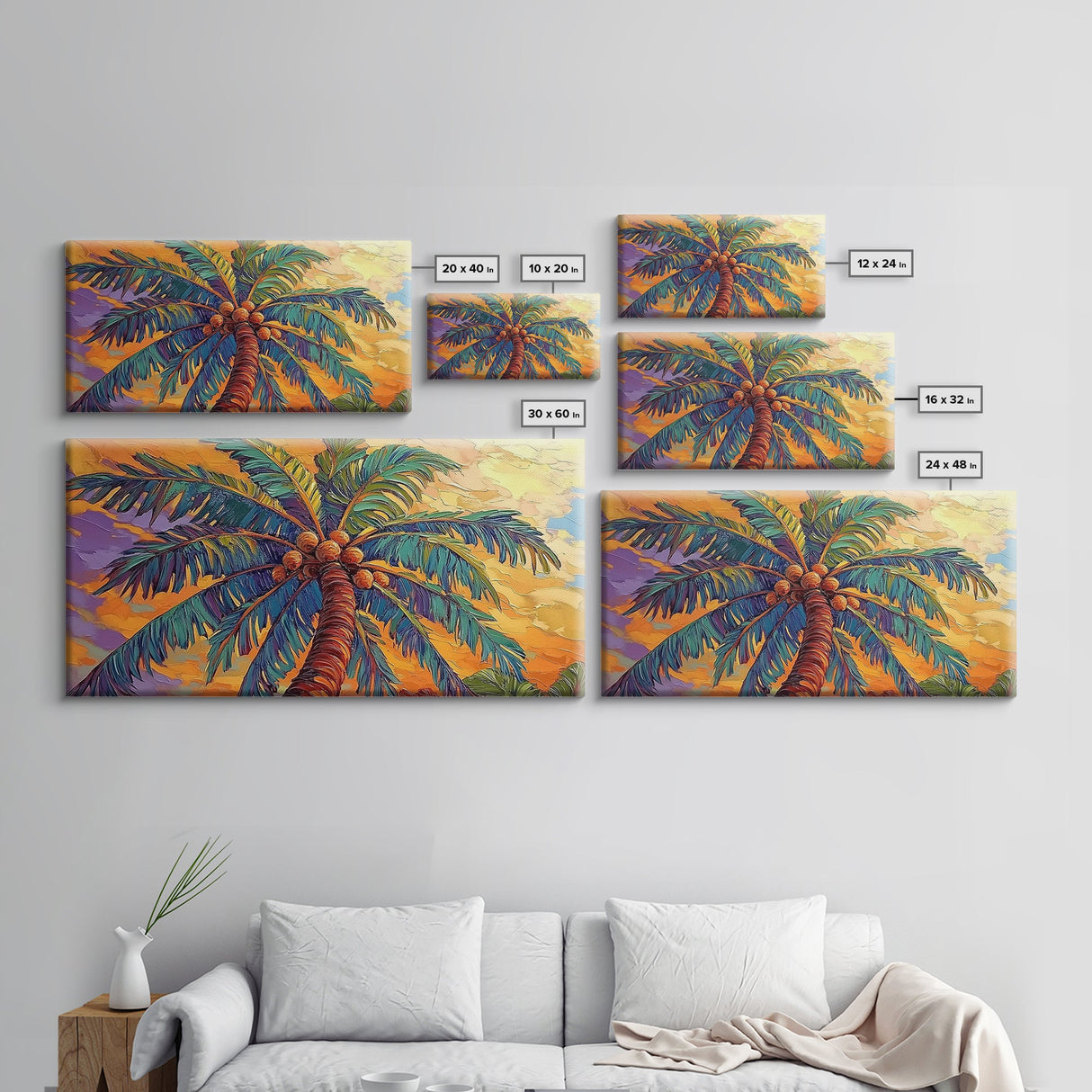 Palm Tree Sunset, Tropical, Framed Canvas Print, Bold colorful palm tree art in sunset sky, great Summer Beach Wall Art, tropical decor