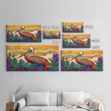 Pelican, Waves Tropical, Canvas Print, Bright tropical pelican artwork with ocean waves and foliage, great Bathroom Wall Art