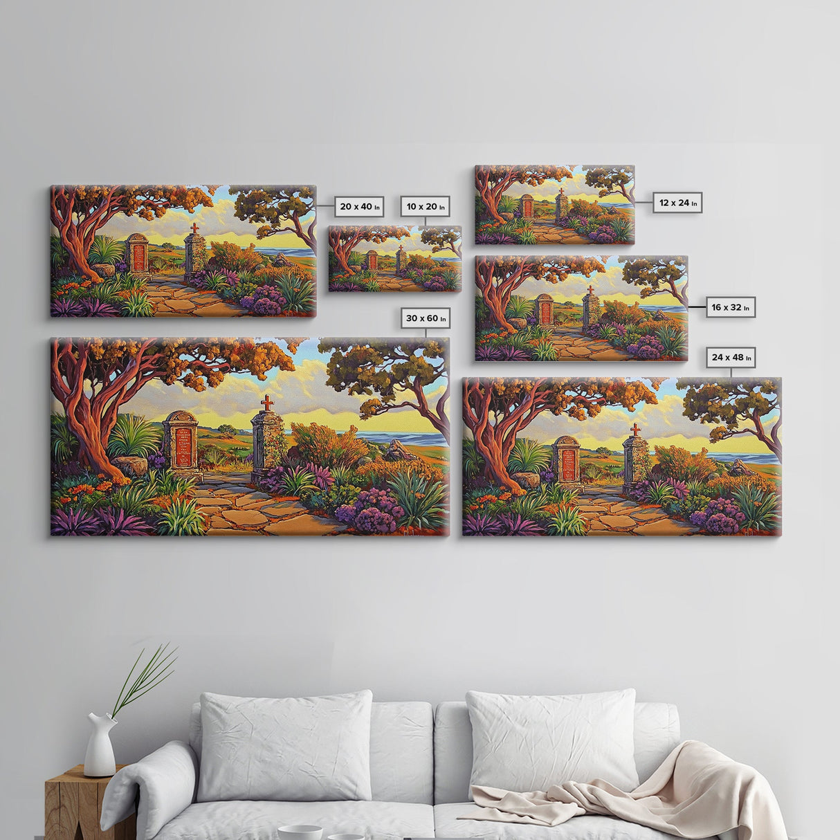 Cross Memorial, Sunset, Framed Canvas Print, Peaceful Autumn scene with cross and mountain view, ideal Fall Living Room Wall Art