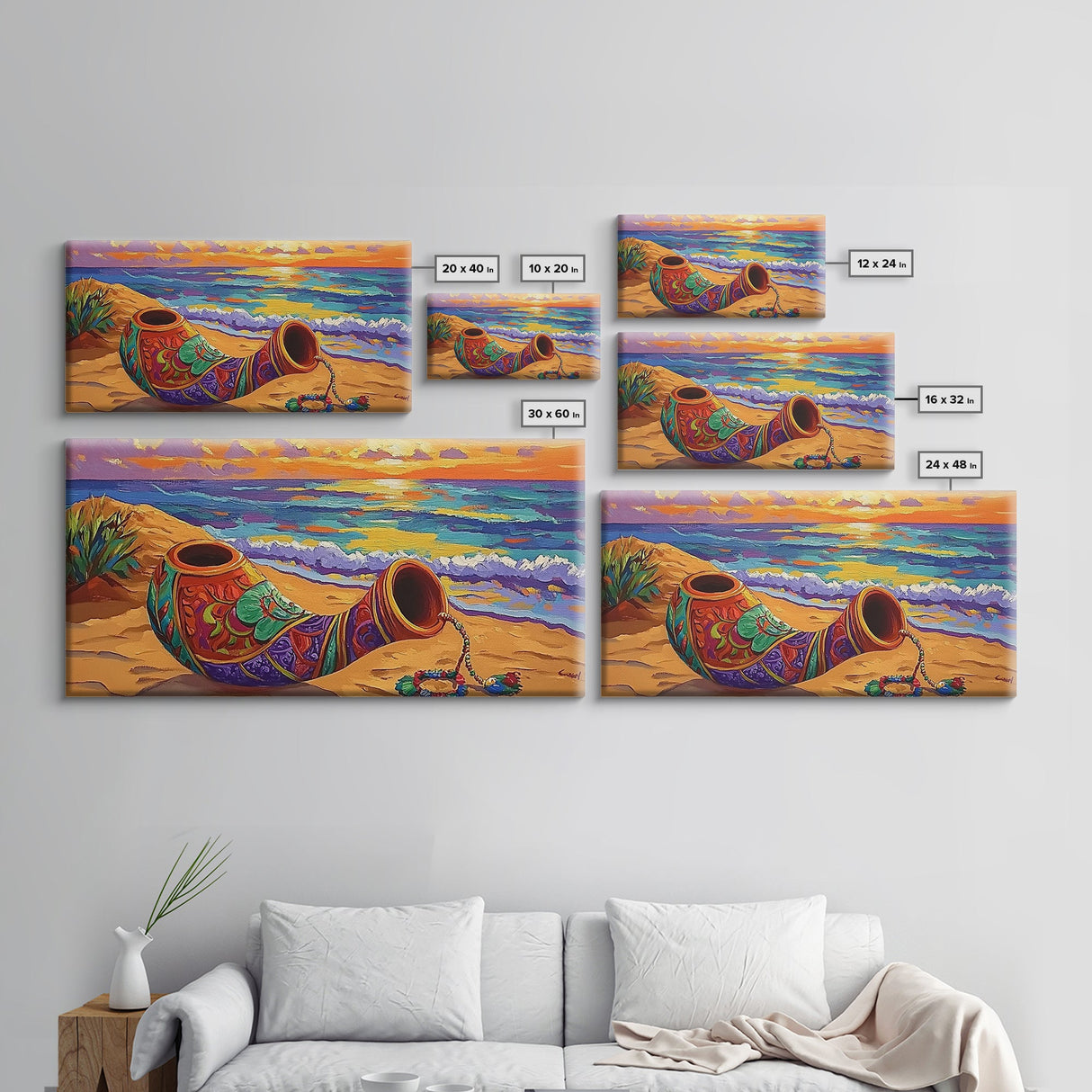 Horn Sand, Sunset, Shore, Framed Canvas Print boho beach decor, living room Mexican art, coastal horn painting, rustic folk art