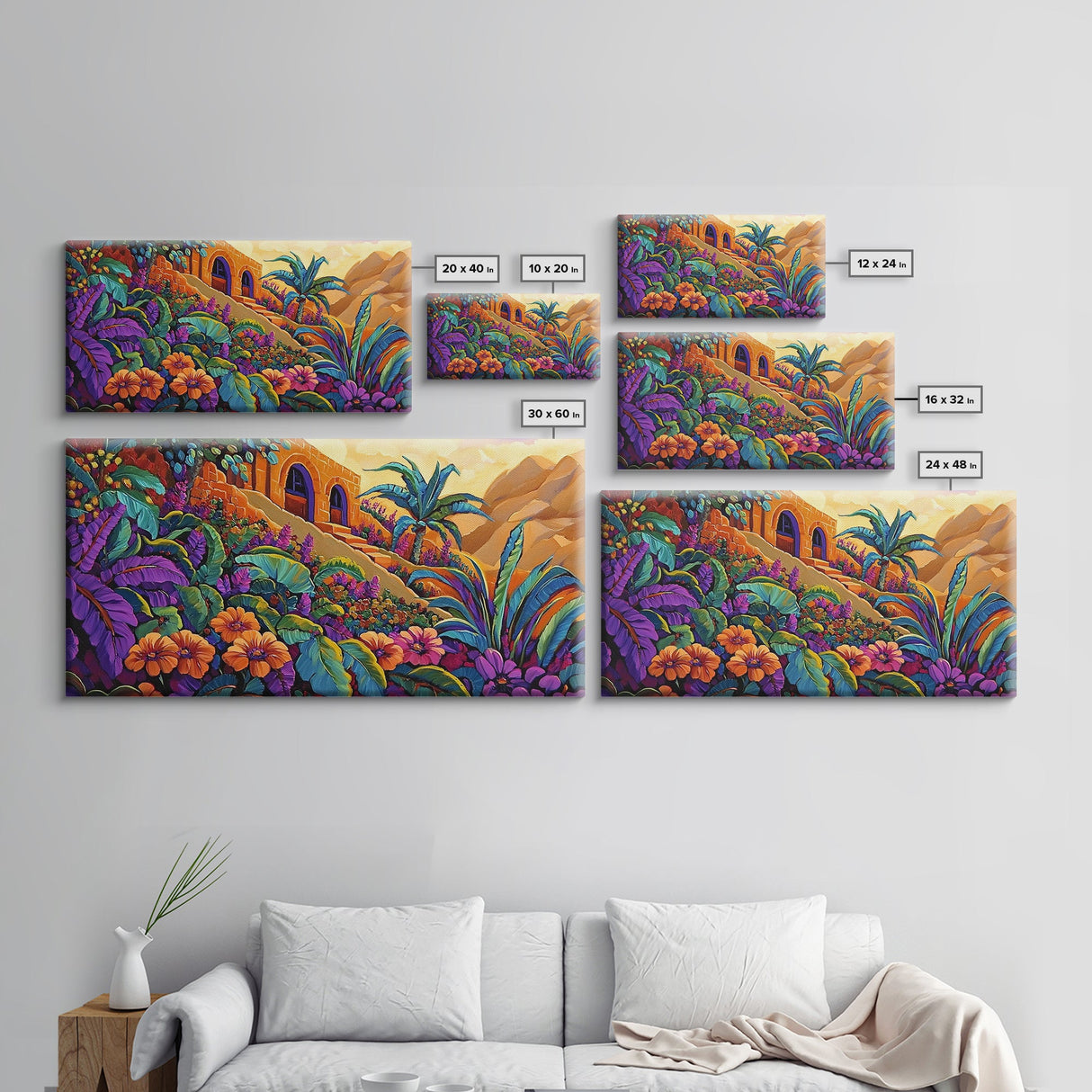 Jungle, Flowers, Adobe, Hillside, Framed Canvas Print tropical wall art, vibrant living room decor, boho jungle scene painting