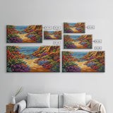 Colorful Beach, Pathway, Painting, Framed Canvas Print vibrant coastal trail wall decor, tropical beach boho art, hallway accent