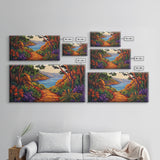 Trail Trees, Ocean, Bright, Framed Canvas Print vibrant nature path artwork, coastal forest boho art, kitchen wall decor