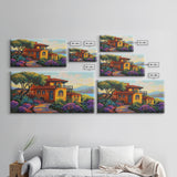 Villa Hillside, Coastal, Colorful, Framed Canvas Print Mediterranean house art, vibrant landscape painting, kitchen boho decor print