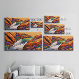 Waterfall Rocks, Flowers, Canvas Print, Colorful Nature Wall Art, Boho Earthy Decor, Vibrant Living Room Accent, Abstract Landscape Art