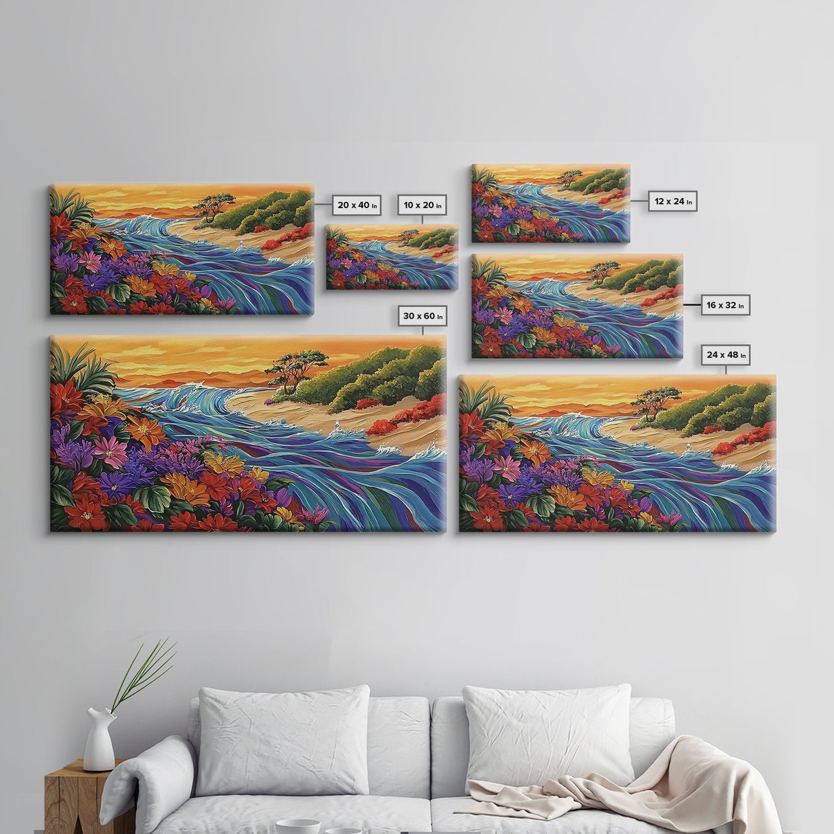 Wildflowers, Coastal Waves, Tropical Shore, Canvas Print, Floral Beach Art, Vibrant Living Room or Kitchen Wall Decor