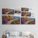 Floral Path, Coastal Trail, Ocean View, Framed Canvas Print, Bright Nature Wall Art, Vibrant Hallway or Kitchen Boho Decor