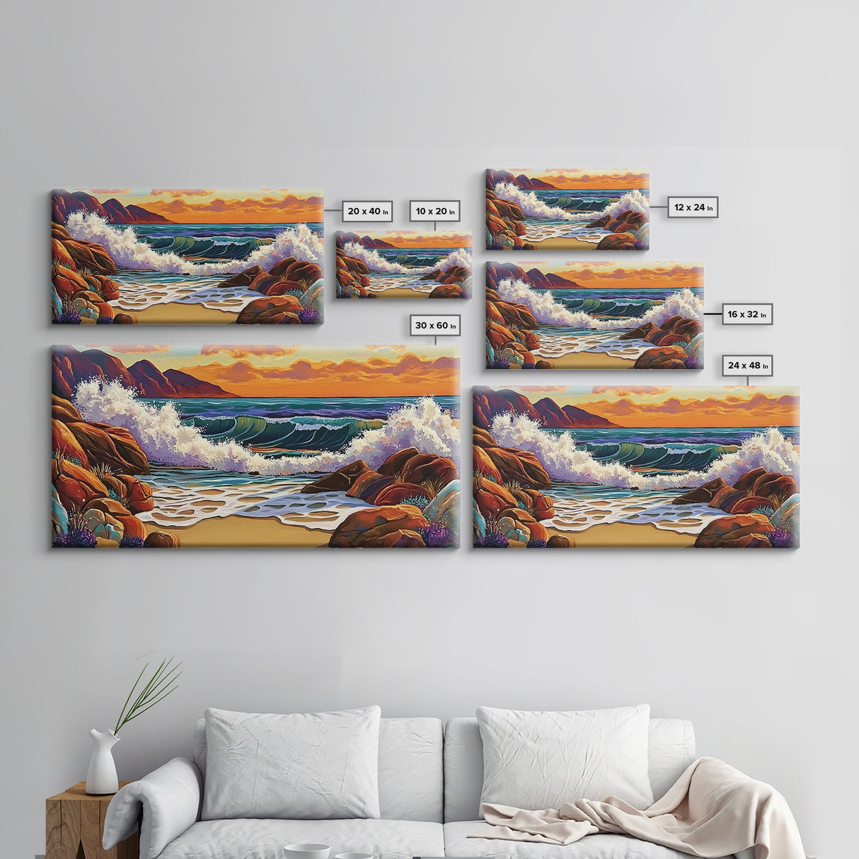 Sunset Surf, Crashing Waves, Coastal Mountains, Canvas Print, Vibrant Seascape Wall Art, Beach House Art, Bathroom Ocean Decor
