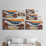 Sunset Surf, Crashing Waves, Coastal Mountains, Canvas Print, Vibrant Seascape Wall Art, Beach House Art, Bathroom Ocean Decor