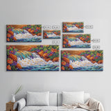 Rainbow, Waterfall, Jungle, Sunset, Framed Canvas Print Tropical boho art, bathroom art, living room decor, floral nature painting