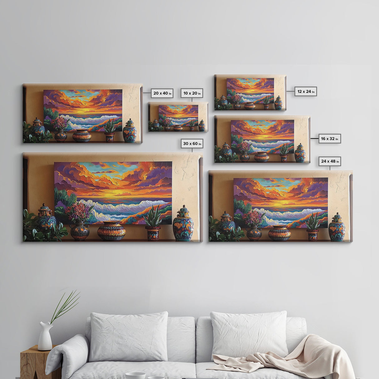 Sunset Ocean, Waves, Vibrant, Coastal Landscape Framed Canvas Print, Living Room Wall Art, Bold Color Art, Tropical Beach Sunset Decor