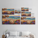 Ocean Beach, Flower, Sand Dollar, Coastal Beach Scene Framed Canvas Print, Bathroom Wall Art, Tropical Seaside Decor, Coastal Painting