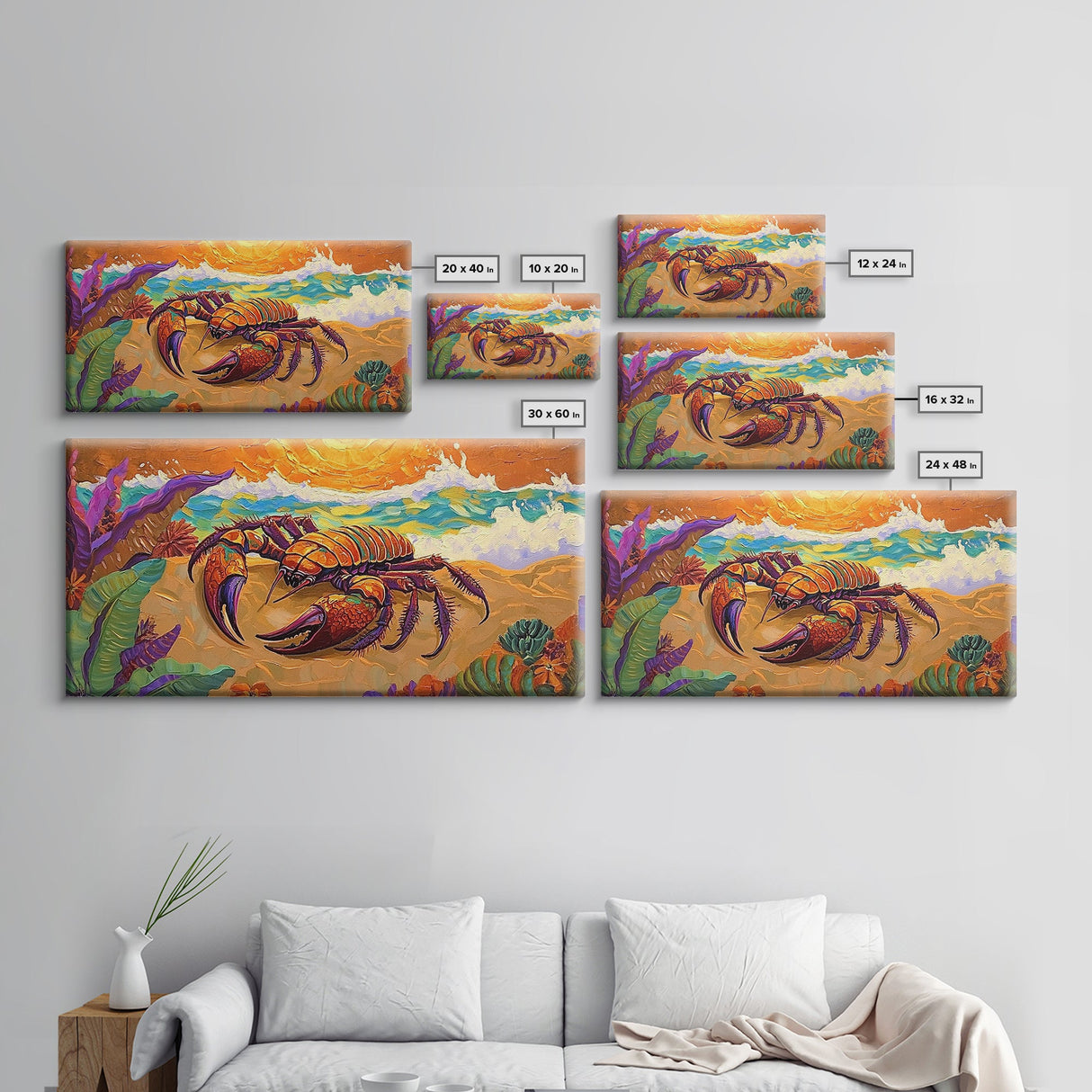 Lobster Beach, Vibrant, Framed Canvas Print, Nautical Coastal Art, Living Room Wall Decor, Tropical Lobster Painting, Bold Ocean Art