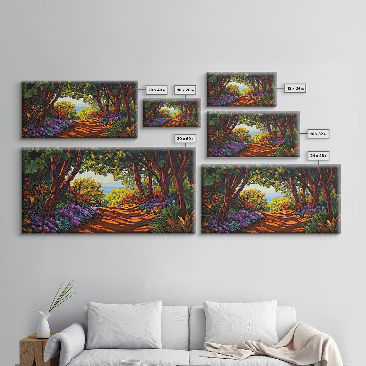 Trees Path, Ocean, Framed Canvas Print, Nature Trail Landscape Art, Peaceful Forest Wall Decor, Tranquil Boho Living Room Art