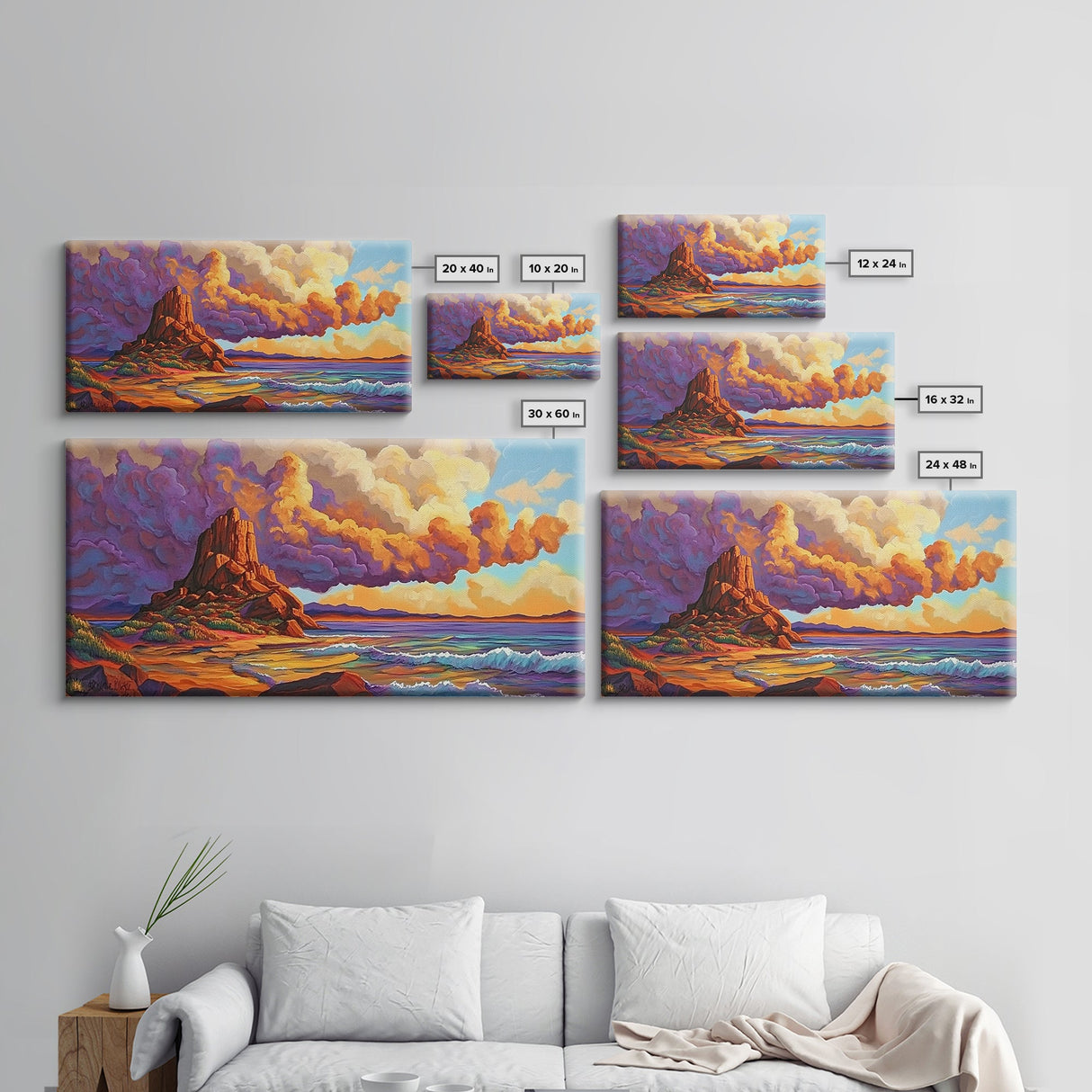 Sunset Clouds, Ocean, Cliffs, Framed Canvas Print, dramatic seascape art, Southwestern home decor, moody living room wall art