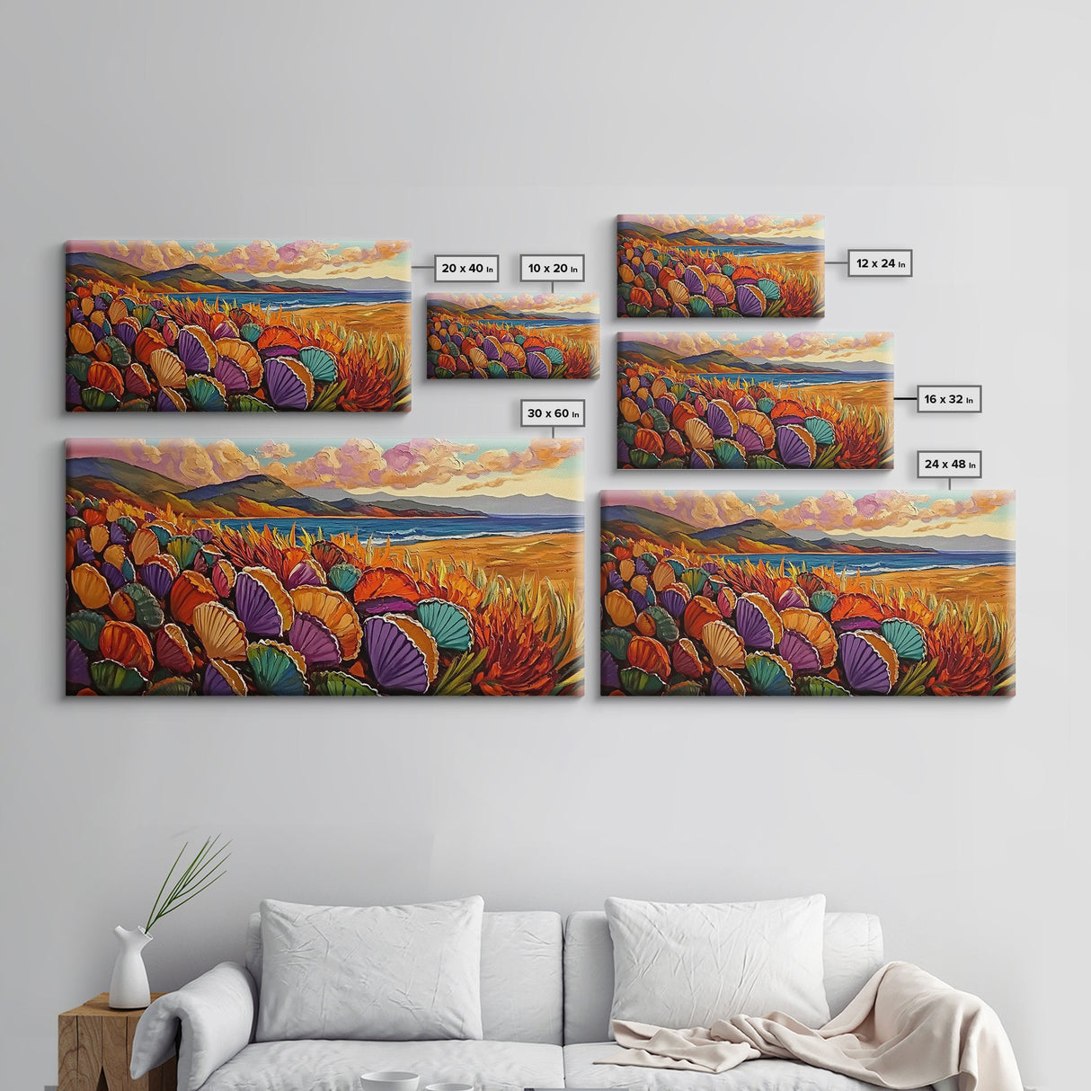 Beach Shells, Coastal, Colorful, Framed Canvas Print, tropical seashell wall art, beach boho decor, vibrant summer bathroom art
