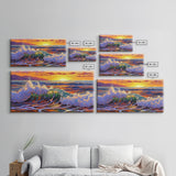Wave Ocean, Sunset, Surf, Framed Canvas Print, tropical wave wall decor, surf boho art, vibrant beach bathroom or office wall art