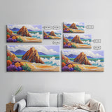 Rocks Beach, Flowers, Ocean, Framed Canvas Print, colorful tropical seascape, modern coastal wall art, bright nature themed decor