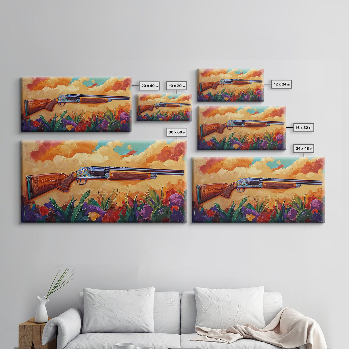 Shotgun Floral, Sunset, Western, Framed Canvas Print, rustic hunting cabin art, bold Americana decor, man cave or lodge wall print