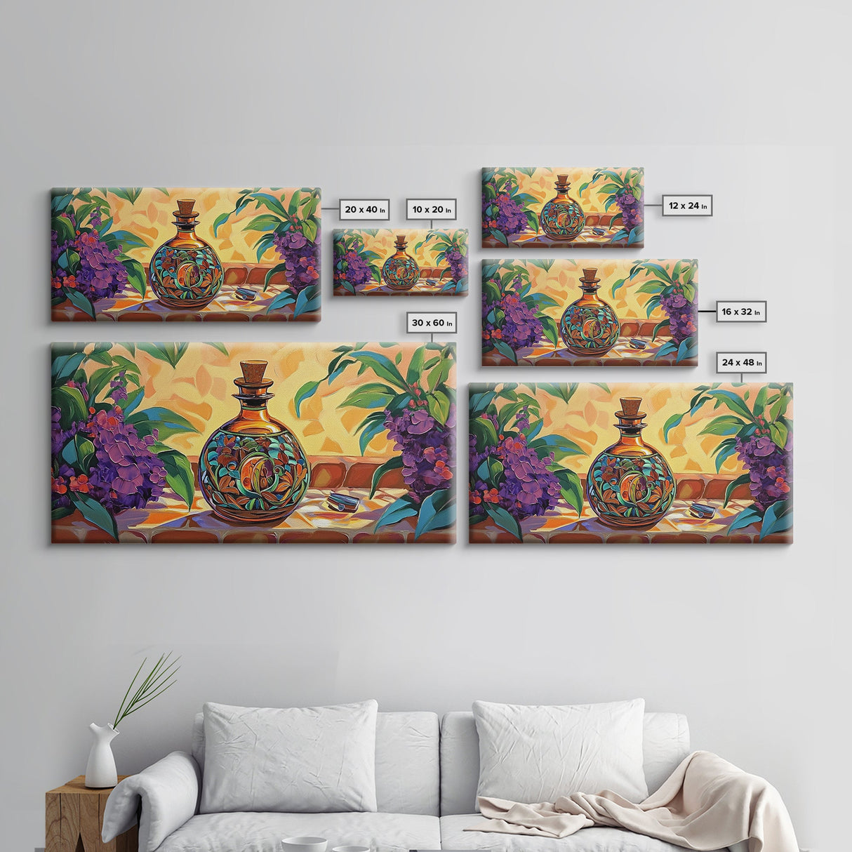 Tequila Bottle, Floral, Decor, Framed Canvas Print, Mexican kitchen wall art, vibrant bottle painting, fiesta bar wall boho artwork