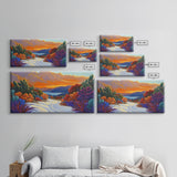 Winter Sunset, Lake, Trees, Framed Canvas Print, Autumn cabin wall art, colorful landscape living room decor, mountain snow painting