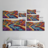 Stream Garden, Colorful, Path, Framed Canvas Print, Southwestern landscape art, bright garden painting, hallway decor, fall home vibe