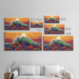 Sunset Wave, Floral, Ocean, Canvas Print, Tropical beach flower art, vibrant ocean wave decor, living room painting, sunset seascape