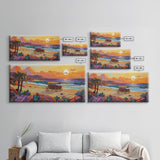 Horse Carriage, Sunset, Beach, Framed Canvas Print, coastal western art, rustic sunset scene, boho living room wall decor